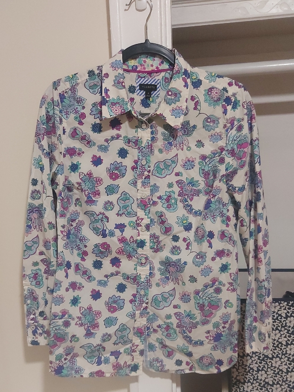 Talbots Cream Button-Up Shirt with Teal & Purple Floral Print